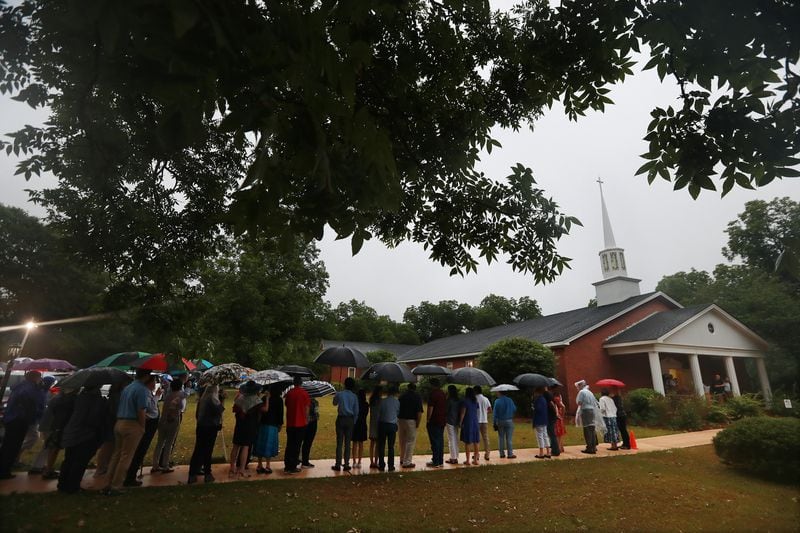 A line wrapped around Maranatha Baptist Church in Plains to attend Sunday school taught by former President Jimmy Carter on June 9, 2019.  Curtis Compton/ccompton@ajc.com