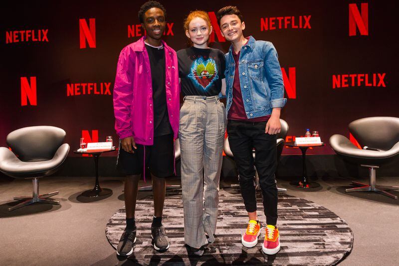 SAO PAULO, BRAZIL - DECEMBER 10: (L-R) Caleb Mclaughlin, Sadie Sink and Noah Schnapp attend the Netflix Original Series "Stranger Things" Press Conference on December 10, 2018 in Sao Paulo, Brazil. (Photo by Alexandre Schneider/Getty Images for Netflix )