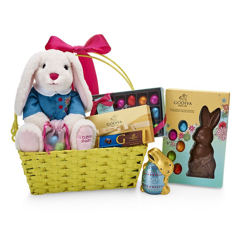 Enjoy an Easter basket filled with all things chocolate plus a plush bunny.
Courtesy of Godiva