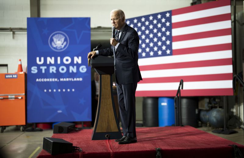 President Joe Biden has opposed GOP efforts to roll back portions of the Inflation Reduction Act that offer green energy tax incentives, telling union organizers in Maryland on Wednesday that it would “undo all the stuff you helped me get done” over his first term. (Doug Mills/The New York Times)
                      
