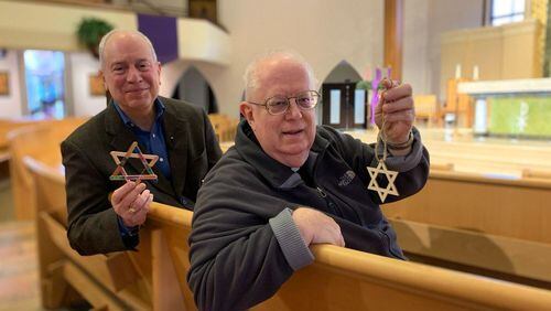 Shown holding their Jewish Stars are Dr. Rabbi Albert I. Slomovitz (left) founder of the Jewish-Christian Discovery Center in Johns Creek and Father Ray Cadran (right) of St. Ann's Catholic Church in Marietta and ambassador of the Rabbi's "J-Star Project." The platform raises awareness and promotes interfaith conversations with plans for the movement to go viral exemplifying kindness and understanding across the globe.