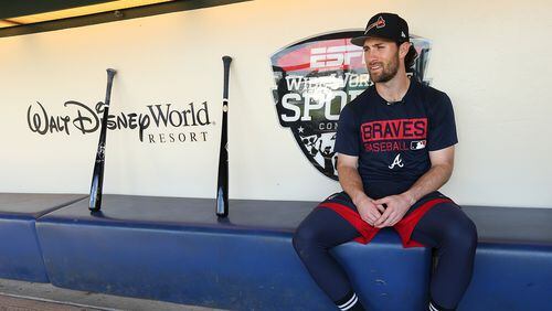 Braves infielder Charlie Culberson sits in the dugout with his bats before starting team practice  Wednesday, Feb 21, 2018, at the ESPN Wide World of Sports Complex in Lake Buena Vista.