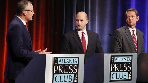 Republican candidates for governor Casey Cagle (from left), Hunter Hill, and Brian Kemp participate in the Atlanta Press Club Republican primary debate for governor at the GPB studios on Thursday, May 17, 2018, in Atlanta. Cagle and Kemp will meet in a runoff July 24 after the May 22 primary election. Curtis Compton/ccompton@ajc.com