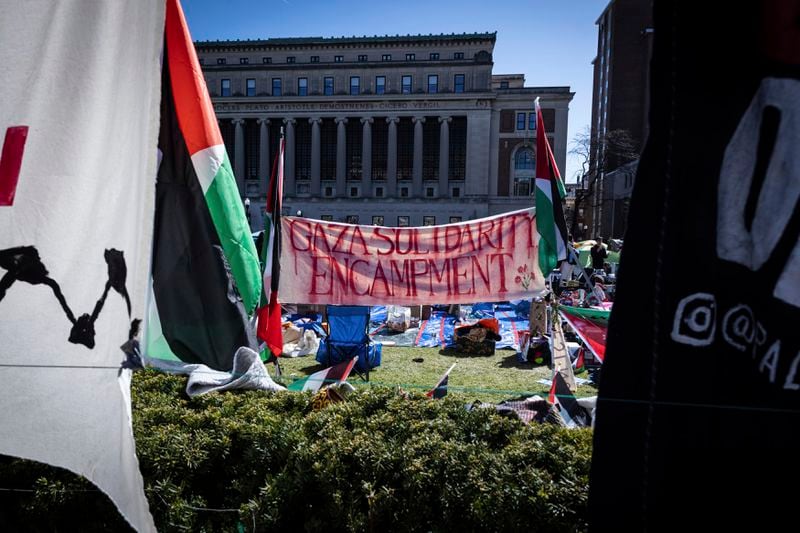 FILE - A sign that reads, "Gaza Solidarity Encampment," is seen during the pro-Palestinian protest at the Columbia University campus in New York, Monday April 22, 2024. (AP Photo/Stefan Jeremiah, File)