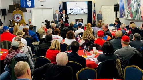 U.S. Rep. Barry Loudermilk speaks at a "dry run" of the 2020 election organized by President Donald Trump's Georgia campaign.