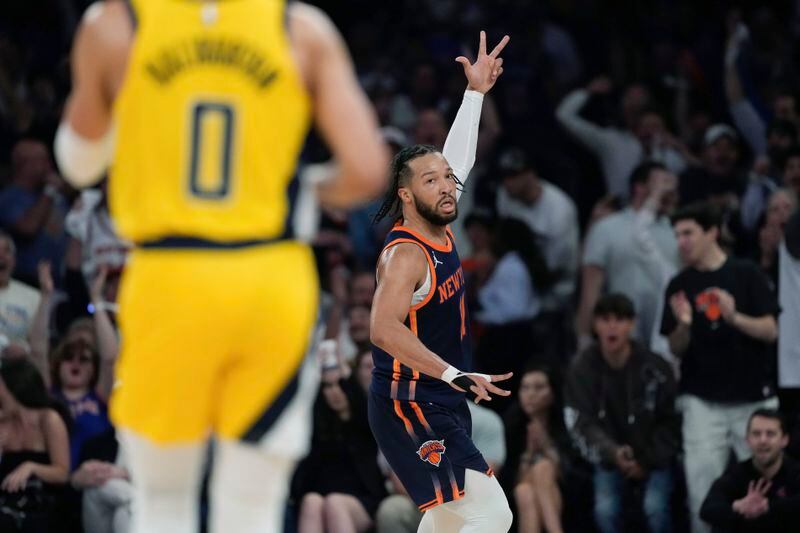 New York Knicks' Jalen Brunson (11) gestures after making a 3-point shot against the Indiana Pacers during the first half of Game 2 in an NBA basketball second-round playoff series Wednesday, May 8, 2024, in New York. (AP Photo/Frank Franklin II)