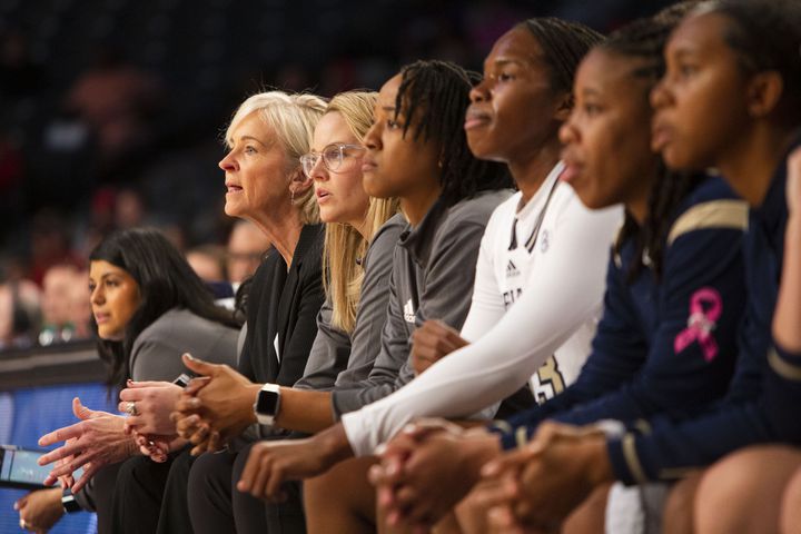 Yellow Jackets coach Nell Fortner watches from the bench during a women's basketball game against the Bulldogs on Sunday in Atlanta. (CHRISTINA MATACOTTA / FOR THE ATLANTA JOURNAL-CONSTITUTION)