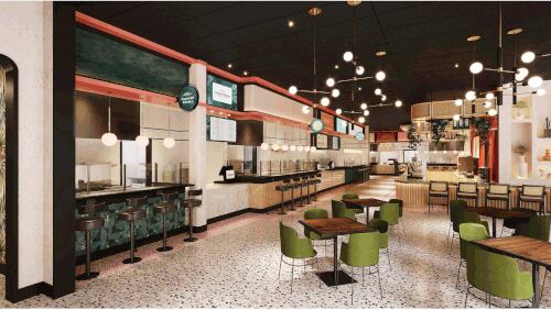 A rendering of the food hall planned for the Halidom development on Moreland Avenue in East Atlanta. / Courtesy of Colicchio Consulting