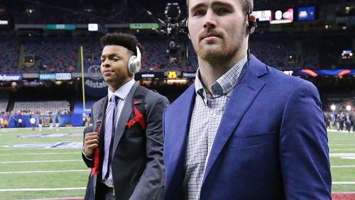 Georgia quarterbacks Justin Fields and Jake Fromm arrive at the Sugar Bowl  on Jan. 1, 2019, in New Orleans.    Curtis Compton/ccompton@ajc.com