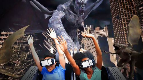 This enhanced photo helps illustrate what riders experience on Rage of the Gargoyles at Dare Devil Dive, a roller coaster with an added virtual reality element, at Fright Fest at Six Flags Over Georgia. CONTRIBUTED BY SIX FLAGS OVER GEORGIA