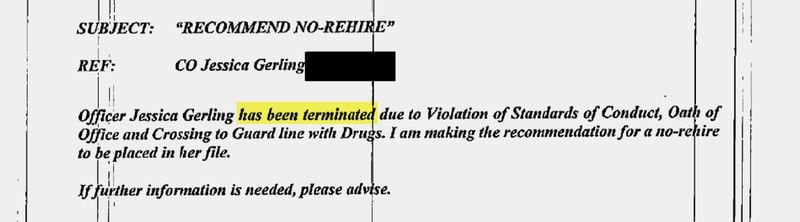 Jessica Gerling’s personnel file includes a memo to Brian Adams, the warden, explaining why she was terminated from her position as a correctional officer. (Georgia Department of Corrections)
