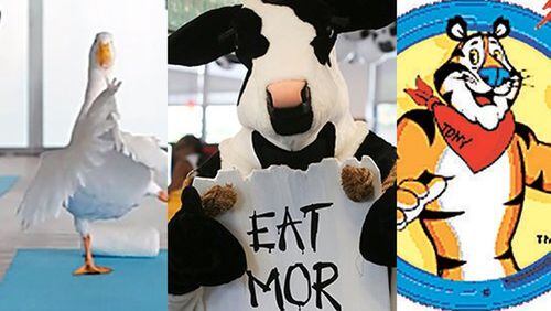 The Aflac duck (from left), a Chick-fil-A cow and Kellogg’s Tony the Tiger. FILE PHOTOS / SPECIAL