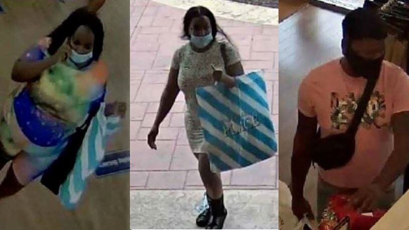 Woodstock police are looking for two women and one man seen in these surveillance images. They are suspected in a shoplifting incident at the Outlet Shoppes at Atlanta that resulted in an injury to an officer.