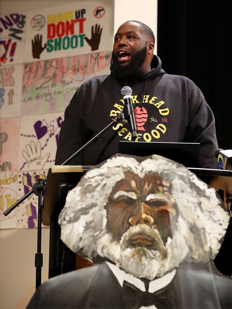 Michael Render (aka Killer Mike) speaks at his alma mater Frederick Douglass High School during his kickoff event for Bankhead Seafood on Thursday, Feb. 27, 2020, in Atlanta. CURTIS COMPTON / CCOMPTON@AJC.COM