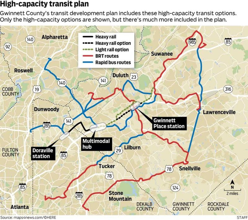A map showing the high-capacity options including in Gwinnett’s comprehensive transit plan.