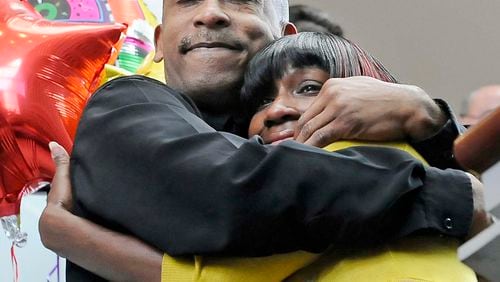 Bone marrow donor Tim Crawford of Adairsville, Ga., hugs Rosalind Beard after the two met each other for the first time at Loyola University Medical Center's annual Bone Marrow Transplant Celebration in Maywood, Ill. Crawford, a full-time student and father of three adult children, donated his stem cells to help the suburban Chicago mother of four fight Hodgkin's lymphoma.