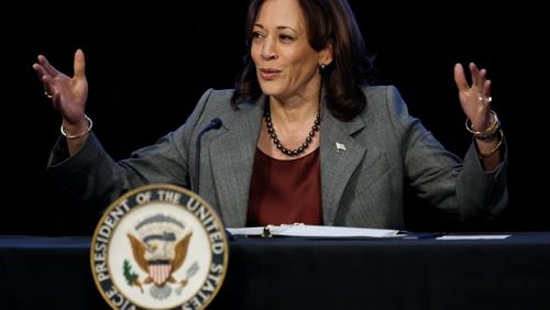 Vice President Kamala Harris speaks to voting rights activists and elected officials during a round table at the Gathering Spot in Atlanta on Tuesday, January 9, 2024, in Atlanta. It’s the vice president’s 10th trip to Georgia since she took office and one of a string of events she and President Joe Biden have held in the battleground states focused on expanding access to the ballot. (Miguel Martinez /miguel.martinezjimenez@ajc.com)