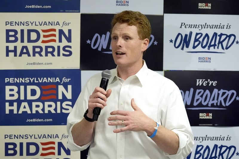 Joe Kennedy III introduces President Joe Biden to a group of supporters and volunteers at a campaign stop Thursday, April 18, 2024, in Philadelphia. (AP Photo/Alex Brandon)