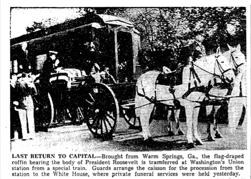 Last return to Capital: Brought from Warm Springs, Ga., the flag-draped coffin bearing the body of President Roosevelt is transferred at Washington's Union Station from a special train. Guards arrange the caisson for the procession from the station to the White House, where private funeral services were held yesterday (April 14, 1945) From AJC Archives.