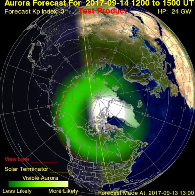 Sample screenshot of aurora borealis 3-day forecast for Sept. 14 between approximately 8-10 p.m. EST.