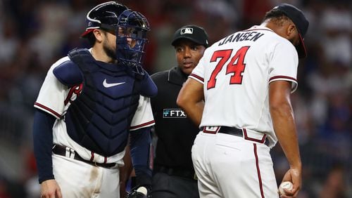 Atlanta Braves catcher Travis d'Arnaud confers with pitcher Kenley Jansen who allowed two runs to the Los Angles Dodgers during the ninth inning in a MLB baseball game to extend the game to extra innings on Sunday, June 26, 2022, in Atlanta. The Dodgers beat the Braves 5-3 in 11 innings. Curtis Compton / Curtis.Compton@ajc.com