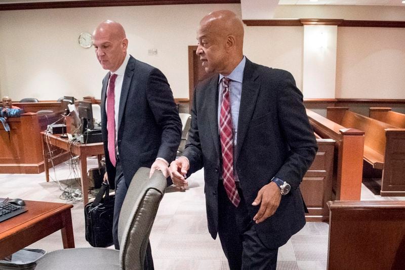 DeKalb Sheriff Jeff Mann, right, and attorney Noah Pines arrive for a hearing to plead not guilty in Atlanta Municipal Court, Friday, June 2, 2017, in Atlanta. Mann was arrested and charged in Piedmont Park on May 6 for exposing himself and running from police. (JOHN AMIS)