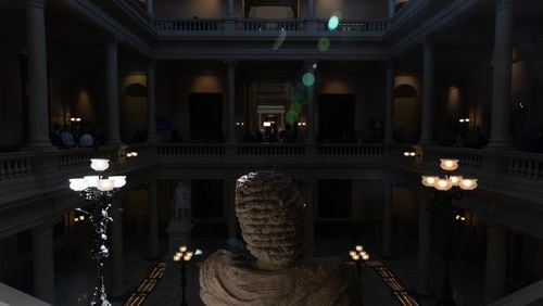 A statue of James Oglethrope, founder of Georgia, is seen at the Capitol in Atlanta on Sine Die, the last day of the legislative session. (Arvin Temkar / arvin.temkar@ajc.com)
