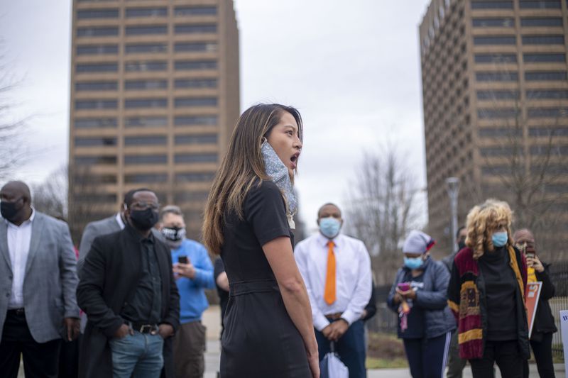 State Rep. Bee Nguyen, D-Atlanta, speaks to demonstrators at a protest Monday against House Bill 531, a wide-ranging piece of legislation that would strengthen voting restrictions. (Alyssa Pointer / Alyssa.Pointer@ajc.com)