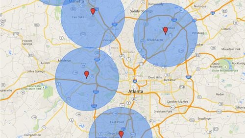 According to the Federal Aviation Administration, operators of model aircraft -- including recreational drones -- are required to notify the airport or airport air traffic control tower before flying within five miles of an airport. This image is a detail from a map of metro Atlanta's airports and the five-mile radius zones surrounding them. Explore the full map here.