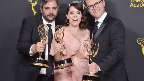 (L-R) Adam Schlesinger, Rachel Bloom and Jack Dolgen, winners for Outstanding Original Music And Lyrics - 'Crazy Ex-Girlfriend' at the 2019 Creative Arts Emmy Awards - Day 1 Press Room held at the Microsoft Theater in Los Angeles,, CA on Saturday, September 14, 2019. (Photo By Sthanlee B. Mirador/Sipa USA)(Sipa via AP Images)