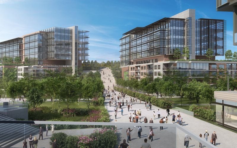 A rendering shows office buildings at the proposed Quarry Yards development near the future Westside Park at Bellwood Quarry in Atlanta.