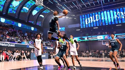 Trey Parker soars during a preseason game between the City Reapers and the California Basketball Club on Thursday. (Photo by Adam Hagy/Overtime Elite)