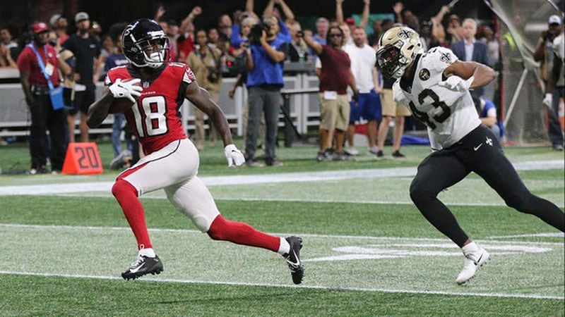 Atlanta Falcons wide receiver Calvin Ridley scores his second of three touchdowns against the New Orleans Saints on Sunday, Sept 23, 2018, in Atlanta. (Photo: Curtis Compton/ccompton@ajc.com)