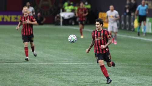 Atlanta United defender Franco Escobar (2) drives the ball down field during the first half in a MLS game against the  New York Red Bulls at Mercedes-Benz Stadium on Saturday, Oct. 10, 2020, in Atlanta. Branden Camp/For the Atlanta Journal-Constitution