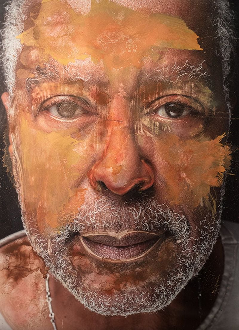 Ervin A. Johnson’s “Monolith #51” combines photography and paint in portraits that comment upon the black experience in America. Contributed by Arnika Dawkins Gallery