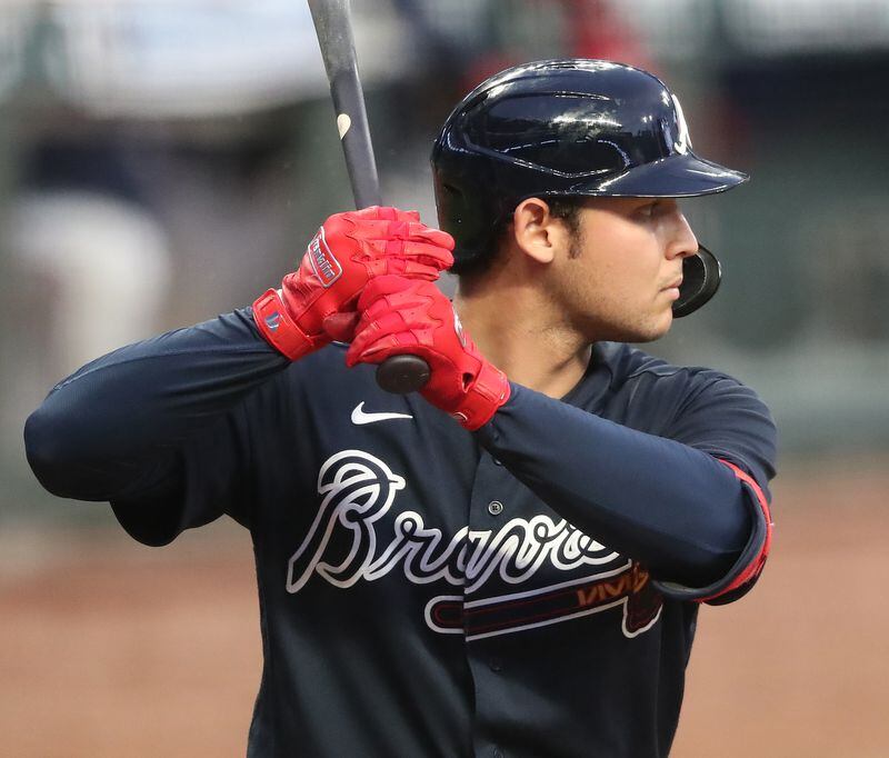 Braves catcher Alex Jackson bats in an intrasquad game on Saturday, July 18, 2020 in Atlanta. (Curtis Compton ccompton@ajc.com)