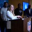 Phoebe Schecter, NFL analyst and global flag football ambassador, talks to reporters about the league's flag football initiatives at the NFL owners meetings, Monday, March 25, 2024, in Orlando, Fla. (AP Photo/Phelan M. Ebenhack)
