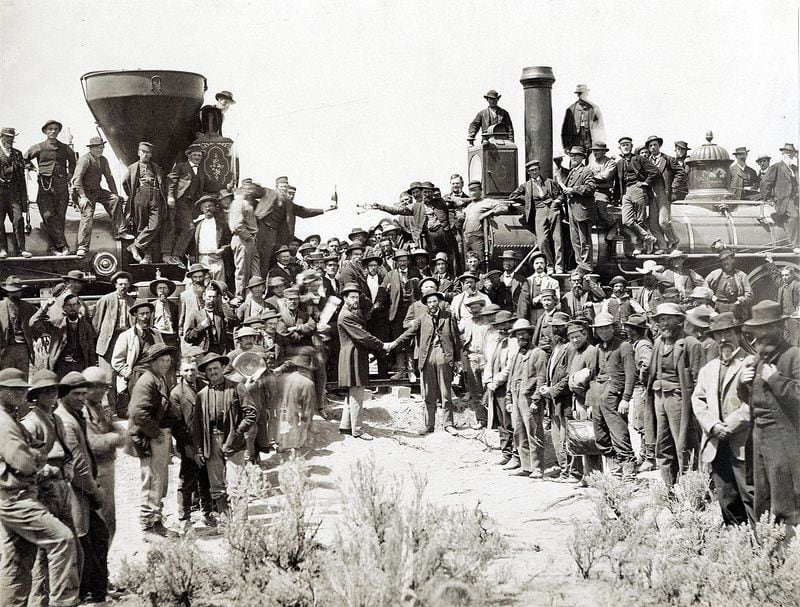 This is not a photo of the Beltline's Eastside Trail meeting up with the Westside Trail. Instead, it's the golden spike ceremony on May 10, 1869 when the Central Pacific and Union Pacific railroads joined up in Utah.