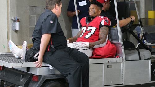 Atlanta Falcons safety Ricardo Allen leaves the game with an injury during the second half against the New Orleans Saints in an NFL football game on Sunday, Sept 23, 2018, in Atlanta.   Curtis Compton/ccompton@ajc.com
