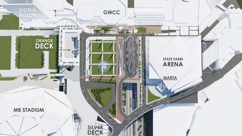 Renderings of the development show the pedestrian mall a short distance from the parking deck and transportation depot, meaning residents and visitors would have to cross between cars and buses walking into the GWCC or other nearby venues.