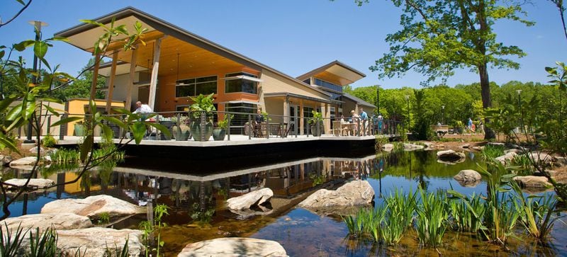 The Atlanta Botanical Garden’s Gainesville location features a visitor center, shown here, a model train garden and an amphitheater. It also includes a conservation nursery where endangered plants are propagated. CONTRIBUTED BY ATLANTA BOTANICAL GARDEN