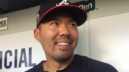 Braves catcher Kurt Suzuki was all smiles after reaching a one-year extension with the team on Friday. (Gabriel Burns/ AJC)