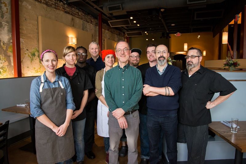  Mediterranea team with executive chef Rob Haan and co-owners Gary McElory and Gerard Nudo. Photo credit- Mia Yakel.