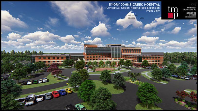 Artist’s rendering depicts Emory Johns Creek Hospital after it converts about 62,000 square feet of medical space to a 40-bed addition to the 11o-bed hospital. CITY OF JOHNS CREEK