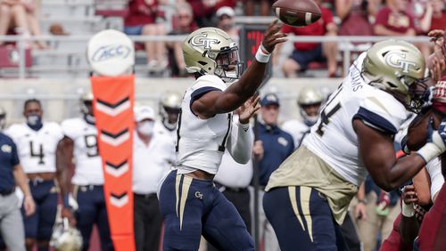 Quarterback Jeff Sims of the Georgia Tech Yellow Jackets on a passing play during the game against the Florida State Seminoles at Doak Campbell Stadium on September 12, 2020 in Tallahassee, Florida. (Photo by Don Juan Moore/Character Lines)