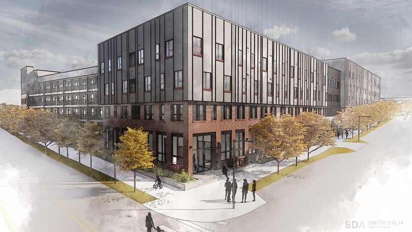 Rendering of McAuley Station, a 170-unit affordable housing complex that recently broke ground.