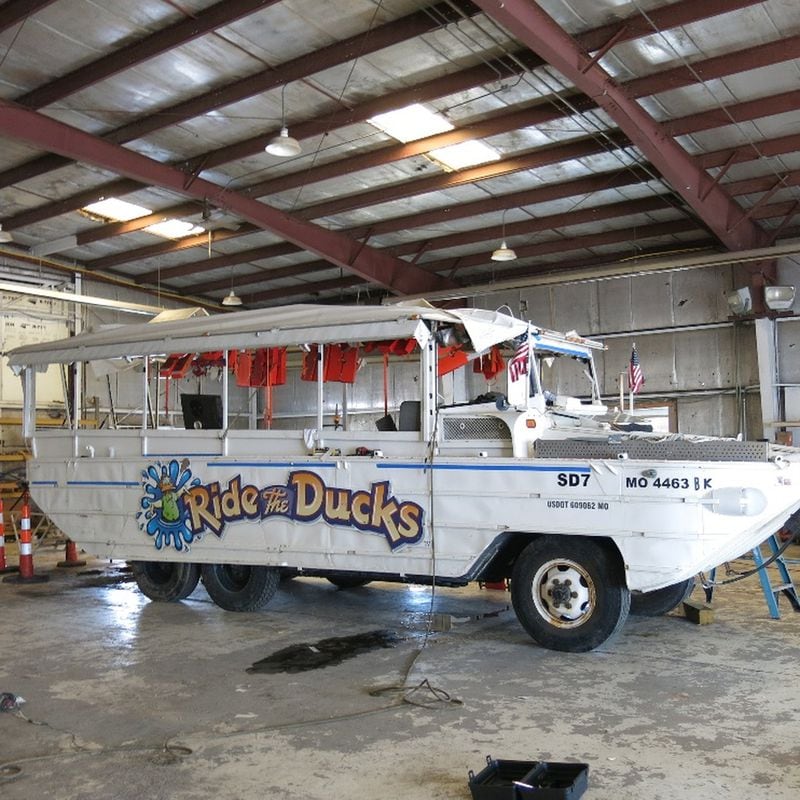 This is the Stretch Duck 7, shown after it was recovered after sinking in July in Table Rock Lake near Branson, Missouri, killing 13 people. Photo by the National Transportation Safety Board.