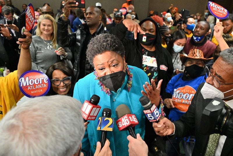 Atlanta mayoral candidate Felicia Moore speaks to members of the press during a runoff election watch party held at W Atlanta hotel on Tuesday, November 30, 2021. (Hyosub Shin / Hyosub.Shin@ajc.com)