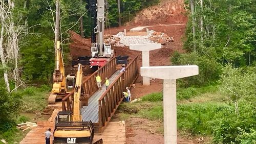 Progress is continuing on the Battlefield Trail bridge in Dallas in Paulding County with completion of this first phase scheduled by the end of August and the second phase from the bridge to Sara Babb Park by next year. Courtesy of city of Dallas