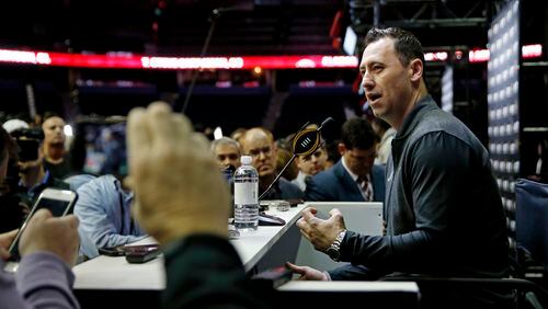 Alabama offensive coordinator Steve Sarkisian answers questions during media day for the NCAA college football playoff championship game against Clemson Saturday, Jan. 7, 2017, in Tampa, Fla. (AP Photo/John Bazemore)